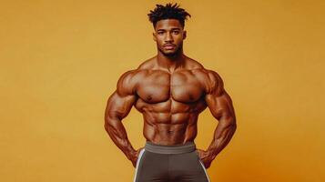 Muscular man with defined torso, striking a confident pose against a vibrant yellow background, showcasing strength and fitness. photo