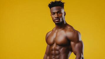 Muscular male model on a yellow background strikes a confident pose showcasing peak physical fitness and a sculpted physique. photo