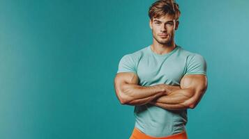 Confident muscular man in a mint shirt. He is standing with his arms crossed against a solid teal backdrop. Portrait of health and strength photo