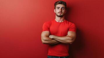 Confident man posing with crossed arms against a red background. Modern, casual style and strong presence. Studio portrait. photo