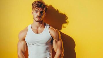 Strong man in white tank top posing against sunny yellow wall, showcasing athletic physique and healthy lifestyle, shadow behind. photo