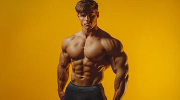 A muscular man stands confidently, showcasing sculpted physique against a warm yellow backdrop, highlighting fitness and strength in portrait. photo