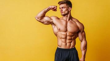 Muscular man flexing his biceps in front of a yellow background. Demonstrating strength and fitness. Sculpted physique on display. photo