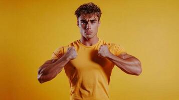 Muscular man posing confidently against a vibrant yellow backdrop, showcasing strength and poise in a simple yellow shirt. photo