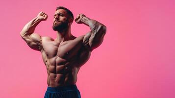 A muscular man poses with a proud look on a bright pink background, exhibiting strength and fitness, showing his muscles in a studio shot. photo