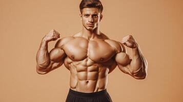 Fitness model flexing showcasing physique, muscle definition, and strong biceps and abs against a plain backdrop in black shorts. photo