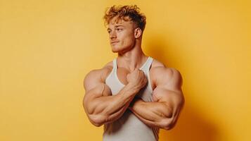 Confident muscular man with curly hair posing. He wears a tank top against a solid backdrop, crossing his arms and looking off-camera. photo