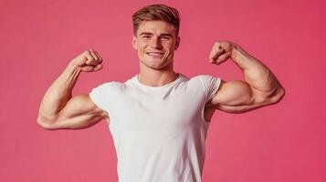 Smiling muscular man flexing both arms. Displays well defined bicep and tricep muscle definition. Wearing a plain white t-shirt. photo