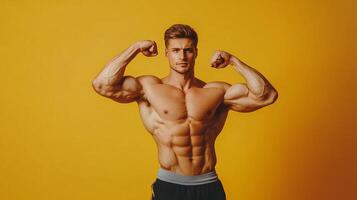 Fit man flexing and displaying defined musculature against an orange backdrop. Showcase of strength, fitness and dedication to workouts. photo
