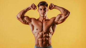 Muscular man flexing with sculpted physique on a bright yellow backdrop radiates fitness and strength. A testament to dedication. photo