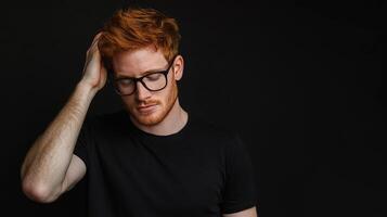 Pensive redhead with glasses in deep thought, set against a stark black backdrop, creating an atmosphere of introspective reflection. photo