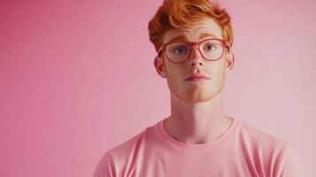 Red-haired man with glasses on a pink backdrop, expressing a neutral emotion, evoking a sense of calmness and direct simplicity. photo