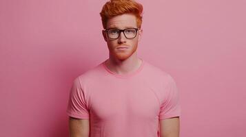 Man with red hair and glasses poses against a pink background. He wears a matching pink shirt, creating a simple yet striking visual. photo