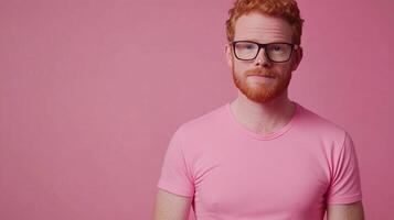 Portrait of a smiling red-haired man with glasses against a pink background, creating a vibrant and eye-catching image. photo