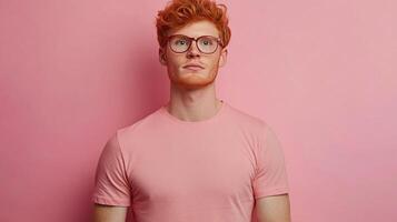 Portrait of a young man with red hair and glasses against a pink backdrop. He is wearing a pink t-shirt and looking directly at the camera. photo