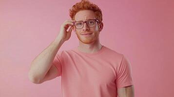 Red-haired man adjusts glasses against a pink backdrop, radiating subtle humor with a coy smirk and a touch of ginger charm. photo