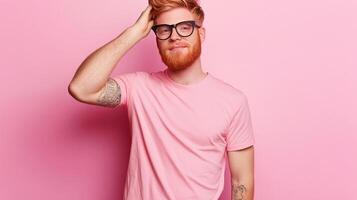 Stylish red-haired man in glasses with a relaxed pose, wearing a pink tee, on a bright pink backdrop, showcases his distinctive style. photo