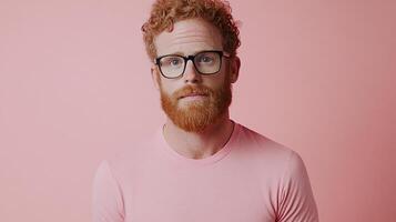 Portrait of a man with a beard and eyeglasses, wearing a pink shirt, in front of a light pink background, looking at the viewer. photo