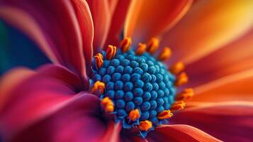 Macro capture of a colorful flower with vibrant petals and a striking blue center, showcasing nature's intricate beauty and design. photo
