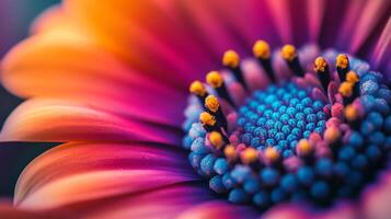 Vibrant macro shot of a flower with petals transitioning from orange to purple, showcasing its intricate blue and yellow center. photo
