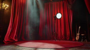 An empty stage with red curtains, a spotlight, and a guitar, creating a dramatic and inviting atmosphere for a performance. photo
