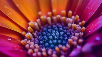 A vibrant macro shot captures the intricate beauty of a flower's center, with its colorful petals and dewdrops adding to the allure. photo