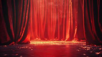A dramatic scene with rich, deep red curtains, illuminated by a bright, warm light, creating a sense of mystery and anticipation. photo