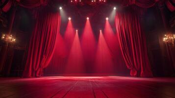 A stage bathed in red light, curtains framing the scene. Awaiting the performance. Dramatic and elegant atmosphere. Lights shining bright. photo