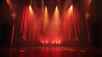 Dramatic stage lighting with red curtains and bright spotlights create a captivating and theatrical ambiance. The warm tones evoke a sense of spectacle. photo