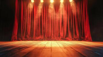 A stage with red curtains and spotlights creates anticipation for a performance, suggesting theater, drama, and captivating storytelling. photo