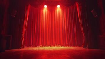 A dramatic stage with rich red curtains under spotlights, evoking a sense of anticipation and grandeur for the upcoming performance. photo