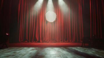 A theatrical stage bathed in dramatic spotlight, framed by rich red curtains and an enigmatic portal, setting the scene for a mesmerizing performance. photo