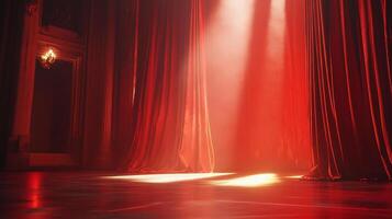 An elegant stage bathed in red light and framed by lush crimson curtains, evokes drama and anticipation for an upcoming performance. photo