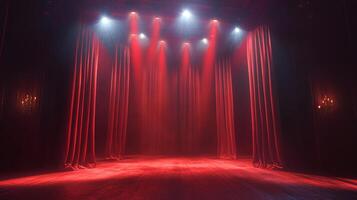 Dramatic stage with red curtains bathed in bright spotlights, evokes a sense of anticipation, setting the stage for a captivating performance. photo