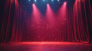 A stage is set with velvet curtains, spotlight glows, creating a captivating scene filled with drama and anticipation. photo