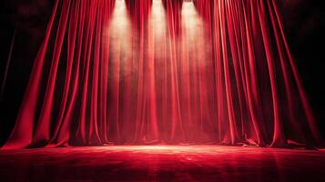 A stage draped in red velvet curtains, illuminated by spotlights, evokes anticipation and drama in a theatrical setting. photo