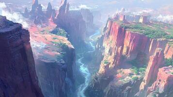 Sweeping vista showcases a deep canyon carved by a winding river, flanked by towering cliffs and bathed in soft, dreamlike hues. photo