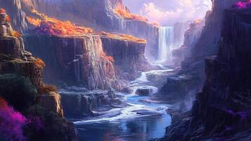 A serene canyon landscape unfolds with majestic waterfalls, vibrant flora, and tranquil river flows beneath soaring cliffs. A vibrant scene. photo