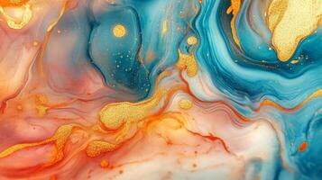 Swirling abstract art in shades of blue, orange, and gold, creating a luxurious and fluid visual experience. Artistic expression. photo