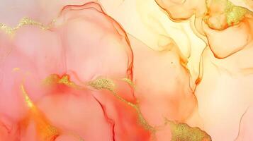 Abstract fluid art with swirling hues of coral, peach, and gold creates a luxurious and eye-catching design. The artwork is visually appealing. photo