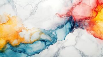 Abstract multicolored ink art featuring flowing blends of blues, oranges, reds, with golden accents, creating fluid marble-like textures. photo