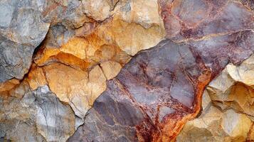 A vibrant textured stone surface with orange, grey, and purple hues creating dynamic abstract patterns suitable for geological background. photo