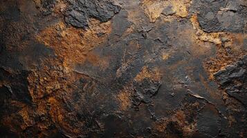 Earthy texture with a mix of dark and gold tones. Ideal for backgrounds or visual design. Dark, rusty pattern, weathered stone. photo