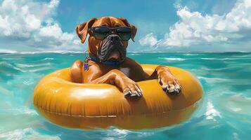 Cool doggo floats in a yellow inner tube, sporting sunglasses and a collar with a dog tag, enjoying a refreshing swim in the ocean. photo