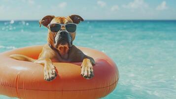 Cool dog floats in a tube with sunglasses on the beautiful sea during summer, embodying relaxation and enjoyment on a sunny day at the beach. photo