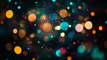 Abstract background featuring a vibrant display of colorful bokeh lights, creating a dreamy and festive atmosphere with varied sizes and hues. photo