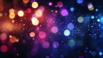 An array of colorful bokeh lights against a dark background, creating a magical, sparkling effect. The image evokes feelings of celebration. photo
