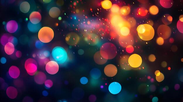 Blurred multicolored lights create a festive and enchanting bokeh effect, illuminating the dark background with a vibrant display of color. photo
