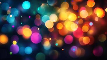 Abstract light display with bokeh effect creating a vibrant, festive, and visually appealing background of colors and shapes. photo