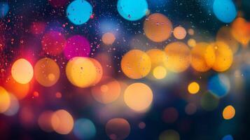 Abstract image with light droplets scattered across it, with a bokeh effect causing an array of glowing circles in various colors. photo